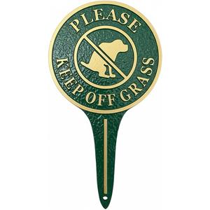 "Please Keep Off Grass" Yard Sign, Green Metal Lawn Garden Decor with Dog Silhouette, Heavy-Duty 11.22" x 6.18" Round Sign with Raised Letters, Integrated Ground Stake for Easy and Stable Installation.