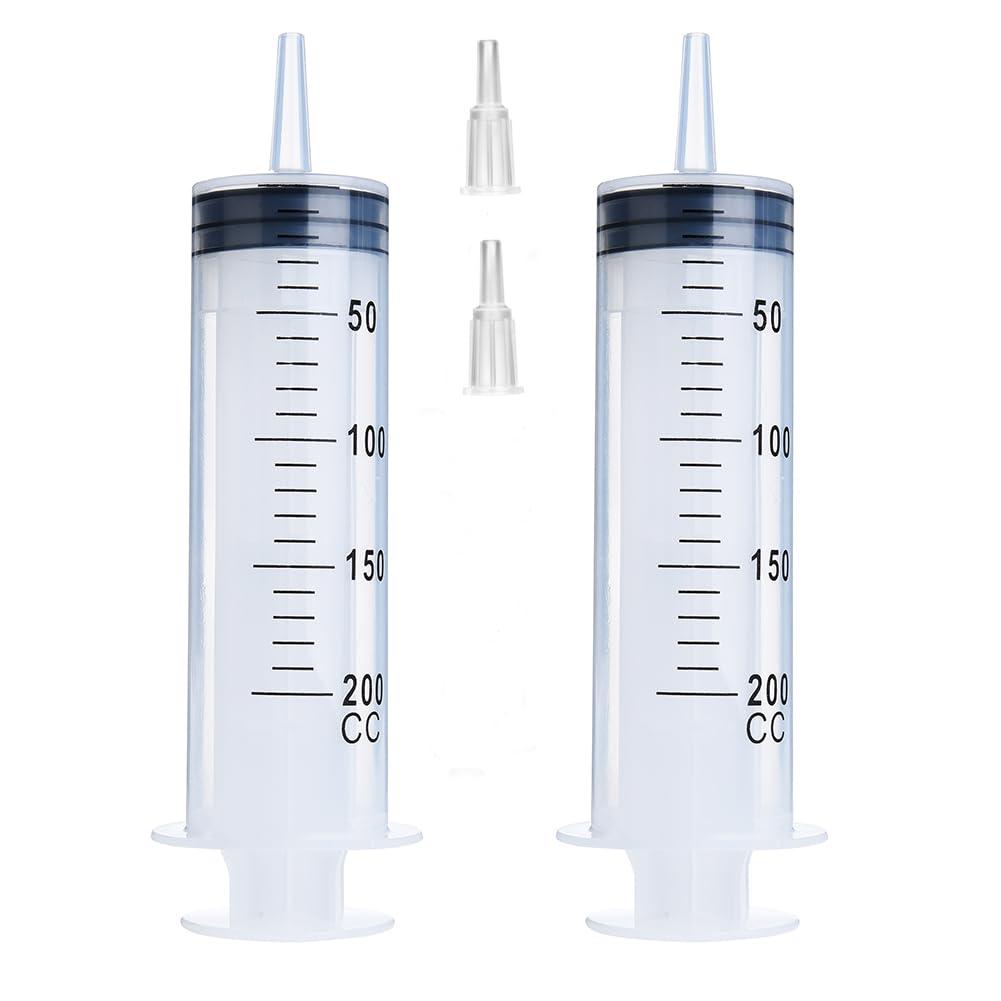 2 Pack 200ml Large Plastic Syringes for Scientific Labs, Liquid Dispensing Metric, and Multiple Uses