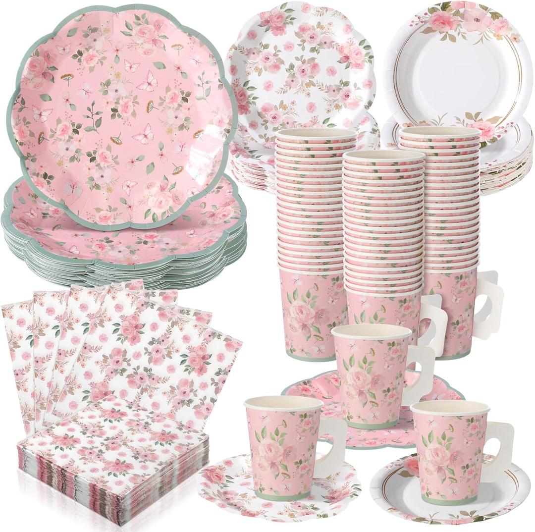 Pickmesh 252 Pcs Pink Floral Tea Party Supplies for 36 Guests Pink Floral Paper Disposable Dinnerware Flower Teacups with Handle and Saucers Set for Tea Party Decorations Birthday Wedding