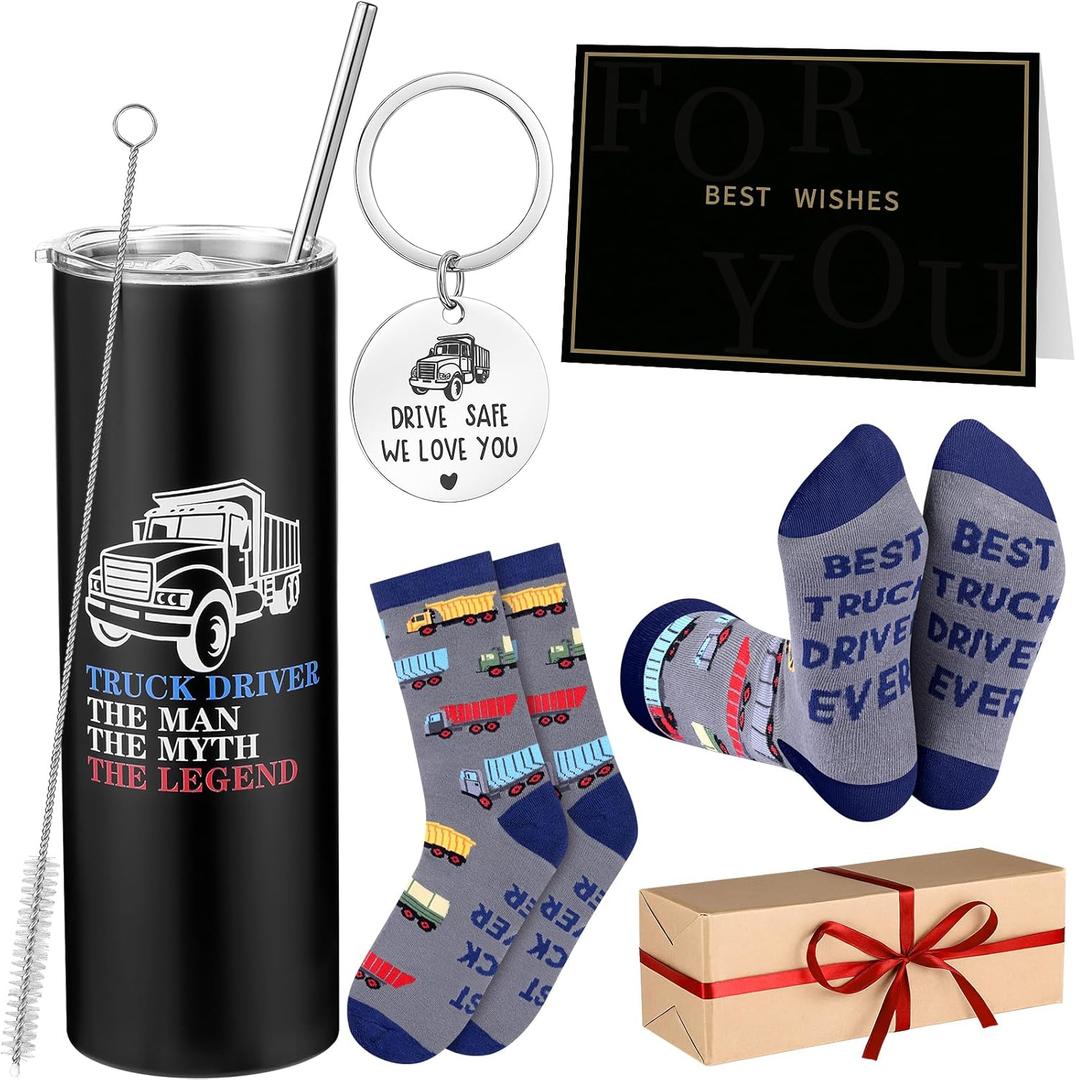 Vesici 5 Pcs Truck Driver Gifts Sets for Men Include 20 oz Insulated Tumbler Novelty Socks Keychain Greeting Card Truck Driver Appreciation Gifts for Christmas Father's Day Holiday Birthday