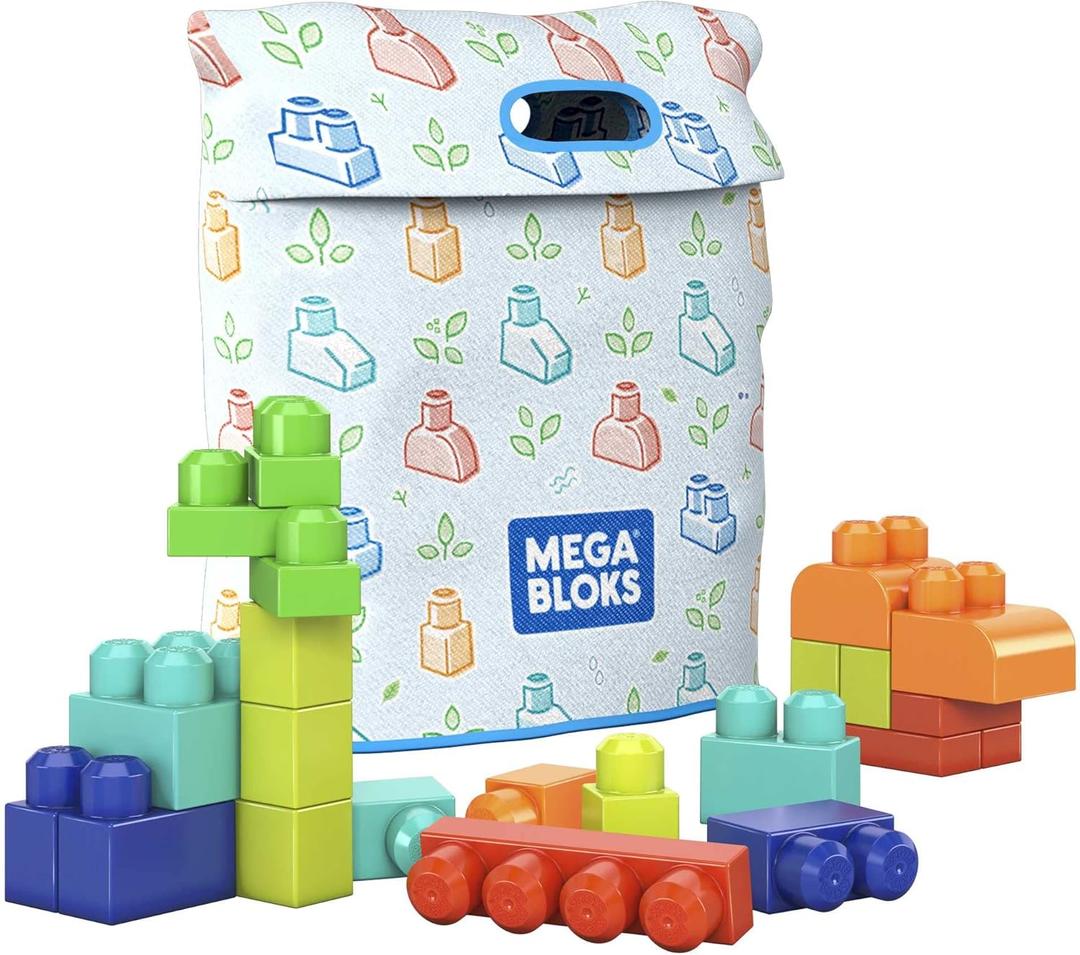 MEGA Bloks Fisher-Price Toddler Blocks Toys Set, Build n Play Bag with 60 Plant-Based Pieces and Storage, Blue, Ages 1+ Years