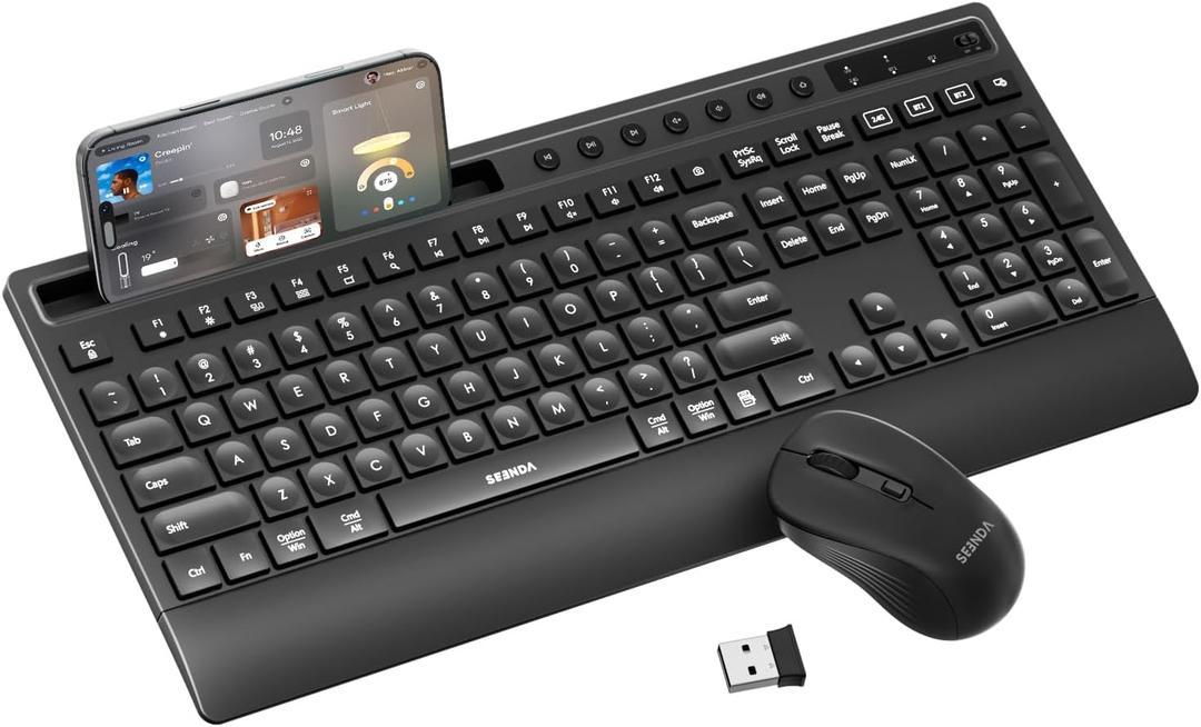 seenda Bluetooth Keyboard and Mouse Combo, COE201 3 Multi-Device Connection Keyboard Mouse with Phone Holder, Full Size Wireless Ergonomic Compatible for Windows, Laptop, MacBook, iPad,Black