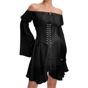 ETATNG Womens Two Piece Corset Dress Off Shoulder Bell Sleeve Summer Party Lace Up Bustier Dress (Large, U1-new Black Set)