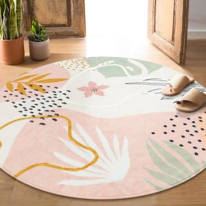 Lahome Pink Round Rugs 8Ft - Washable Boho Area Rug for Living Room Non-Slip Soft Ultra-Thin Large Round Rug Dining Room Rug, Botanical Print Floor Round Carpet for Bedroom Office Dorm (Pink, 8'x8') (8' Round)