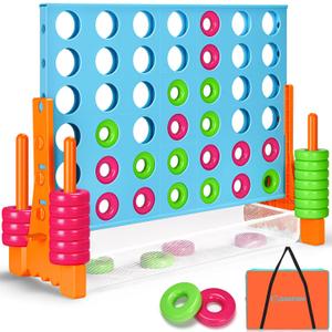 GADFISH Giant 4 in A Row - 2.6FT Tall Outdoor Connect 4 Perfect for Indoor & Outdoor Use, 4-to-Score Giant Game Set for Kids & Adults, with 42 Jumbo Rings & Quick-Release Slider (Blue & Orange)