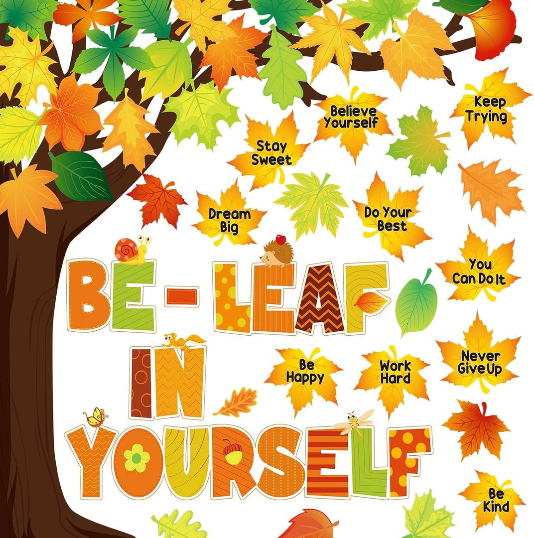 Funrous Fall Bulletin Board Decorations Classroom Fall Tree Maple Leaves Pumpkin Bulletin Board Set Be Leaf in Yourself Inspirational Quote Cutout Autumn Thanksgiving School Wall Decor(Maple Leaf)