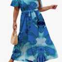 Womens Plus Size Summer Dresses Short Sleeve Wrap V Neck Floral Formal Maxi Wedding Guest Long Dress with Belt 3XL