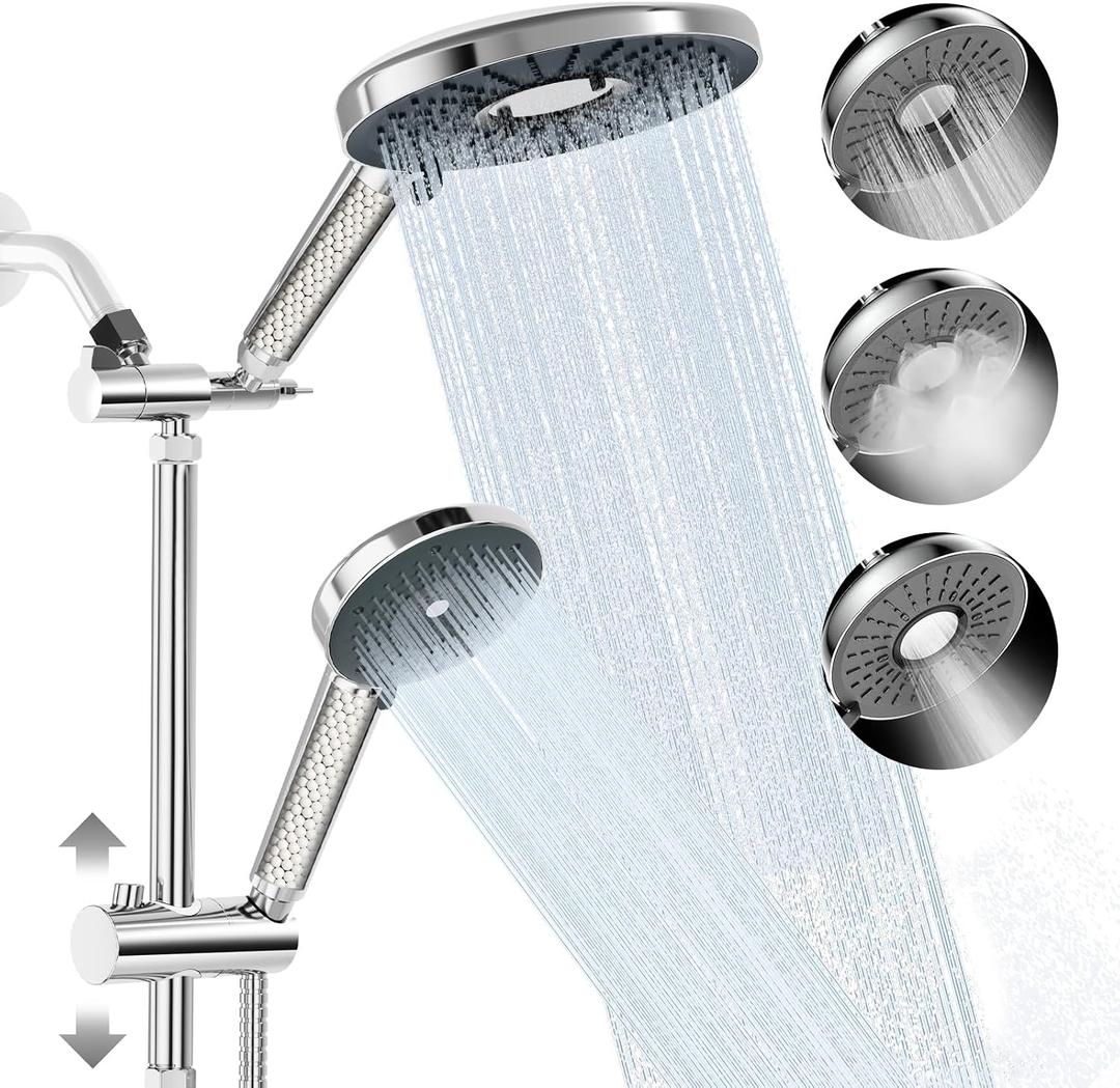 Filtered Shower Head with Handheld Shower Head High Pressure Rainfall System with Slide Bar Dual Filter Softener for Hard Water,6 Spray Modes,Adjustable Height,Chrome