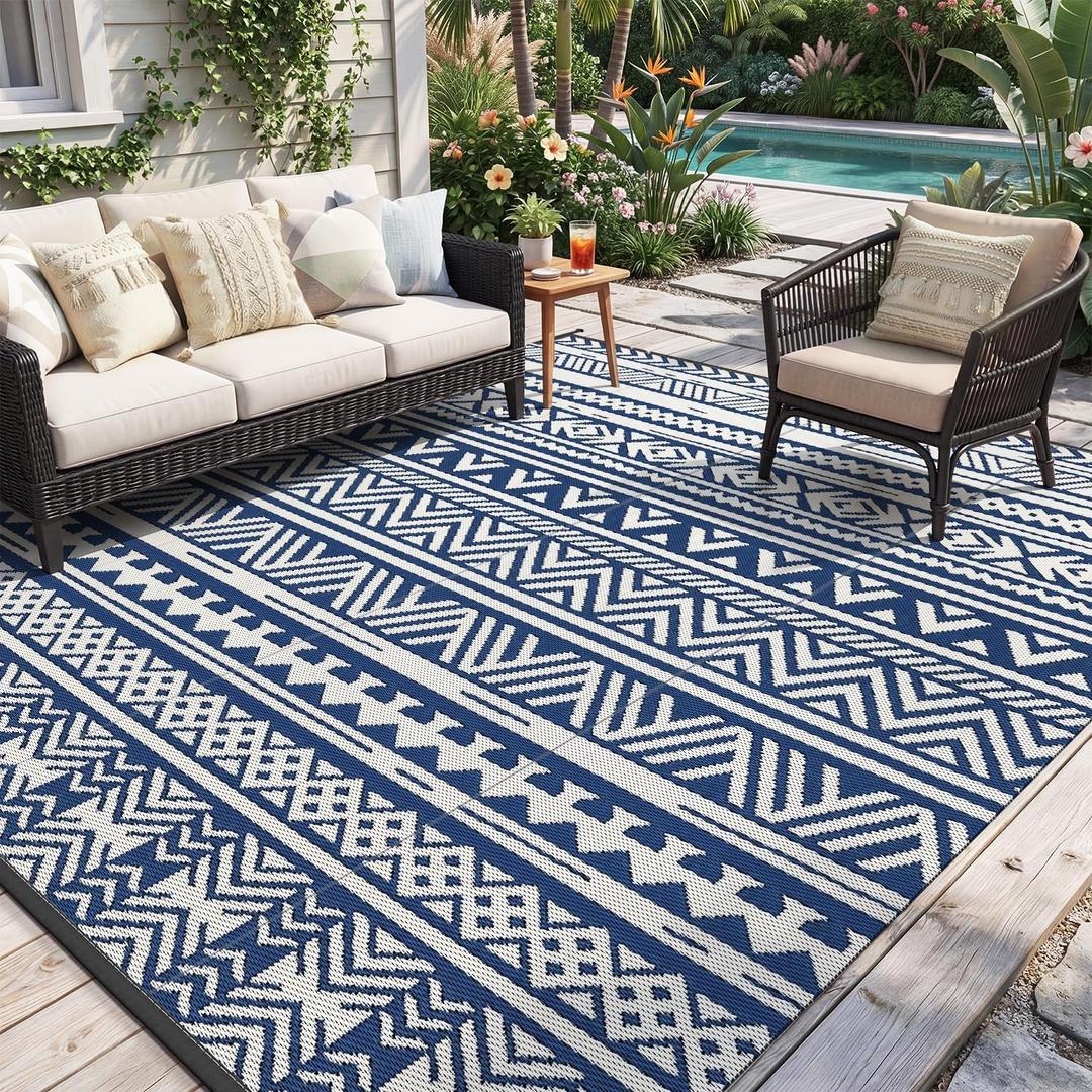 MontVoo Outdoor Rug 8x10 Waterproof Outdoor Patio Rug Mat Reverisble Plastic Straw Outdoor Rug for RV Camping Picnic Beach Balcony Boho Navy Blue