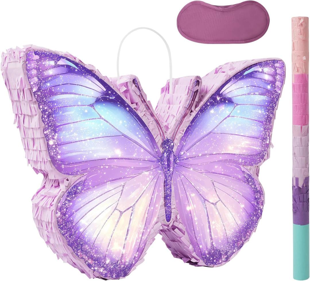 Butterfly Piata - Purple Butterfly Piata with Bat and Blindfold for Girls Kids Purple Themed Birthday Party Game Decorations (16x11.5x3)
