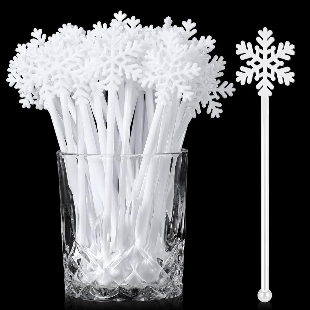 Chengu 100 Pcs Winter Drink Stirrers Xmas Stir Sticks Bulk Holiday Coffee Stirrers Plastic Swizzle Stick Hot Cocoa Bar Supplies Chocolate Decoration Reusable Cocktail Mixer(White Snowflake)