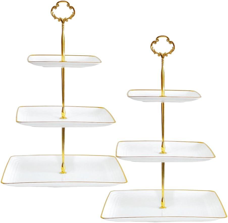 2 Pack RAUVOLFIA Plastic 3 Tier Cupcake Stand with Gold Rim, Plastic Tiered Serving Stand, Dessert Tower Tray for Tea Party, Baby Shower and Wedding, Square