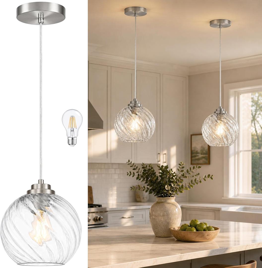 KoKo&Yukina 8" Nickel Globe Pendant Light Ribbed Glass Pendant Lights Kitchen Island Height Adjustable Mid-Century Modern Island Pendant Lights for Dining Room Hallway Entryway Foyer (Bulb Included)