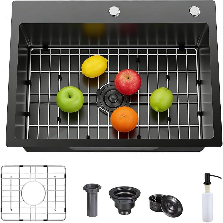 18 Inch 304 Stainless Steel Drop In Bar Sink,Black Topmount Single Bowl Workstation Kitchen Sink With Protective Bottom Grid For Camper,RV Sink