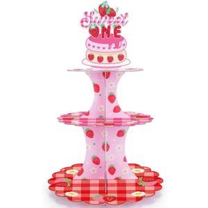 Strawberry Cupcake Stand Decorations - Berry First Birthday Table Decor 3 Tier Cake Dessert Paper Tower Pastry Holder Shortcake Tiered Topper for Baby Girl Sweet One Year Old Party Supplies