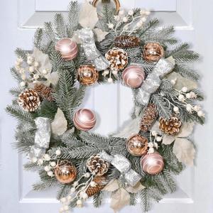20" Christmas Wreath with Lights, Christmas Wreaths for Front Door with Bow Balls Ribbon Berries & Pine Cones Xmas Wreaths for Front Door Wall Home Outdoor Decor (1 Pcs)