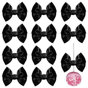 FAKILO 30pcs Twist Tie Bows 5 inch Black Satin Ribbon Premade Bows with Adhesive for Crafts Sewing Cake Candy Apples Treat Gift Bags Christmas Wedding Gift Wrapping