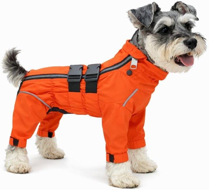 Lovelonglong Waterproof Dog Raincoat 4-Leg Full Body Dog Rain Suit with Reflective Strips & Leash Opening, Outdoor Dog Jacket for Rainy Weather L