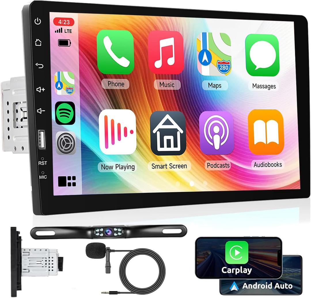 Single Din Car Stereo with Carplay Android Auto, Podofo 9 Inch Touchscreen Bluetooth Car Radio Support FM/AM Radio USB Port Mirror Link EQ SWC, Car Audio Receivers with Backup Camera