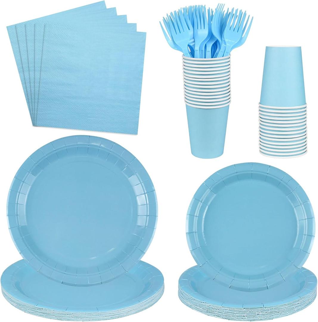 150Pcs Blue Paper Plates Set for 30 Guests - Disposable Plates with 9oz Cups, Dinner Napkins & Forks, Blue Party Supplies for Baby Shower, Birthday, Bridal Shower, Wedding, Gender Reveal