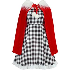 GOLDSTITCH Womens Christmas Costume Santa Dress Outfits with Cloak Plaid Dress Xmas Party Birthday Dress Up (X-Large, Red)