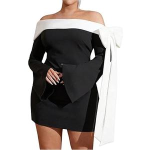 WDIRARA Women's Plus Size Off Shoulder Bowknot Color Block Long Bell Sleeve Bodycon Mini Dress (4X-Large Plus, Black)