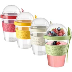 On The Go Cereal Yogurt Cups with Lids and Spoon, Overnight Oats Container, Reusable Parfait Plastic Milk Jar Breakfast Crunch Granola Oatmeal Smoothie Snack Prep Bowl To Take Along (4 Colors Set 2)