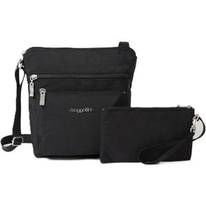 Baggallini Pocket Crossbody Bags for Women 8x8 Small Lightweight Durable Nylon Water-resistant Travel Purse W/Rfid Wristlet (Black/Sand)