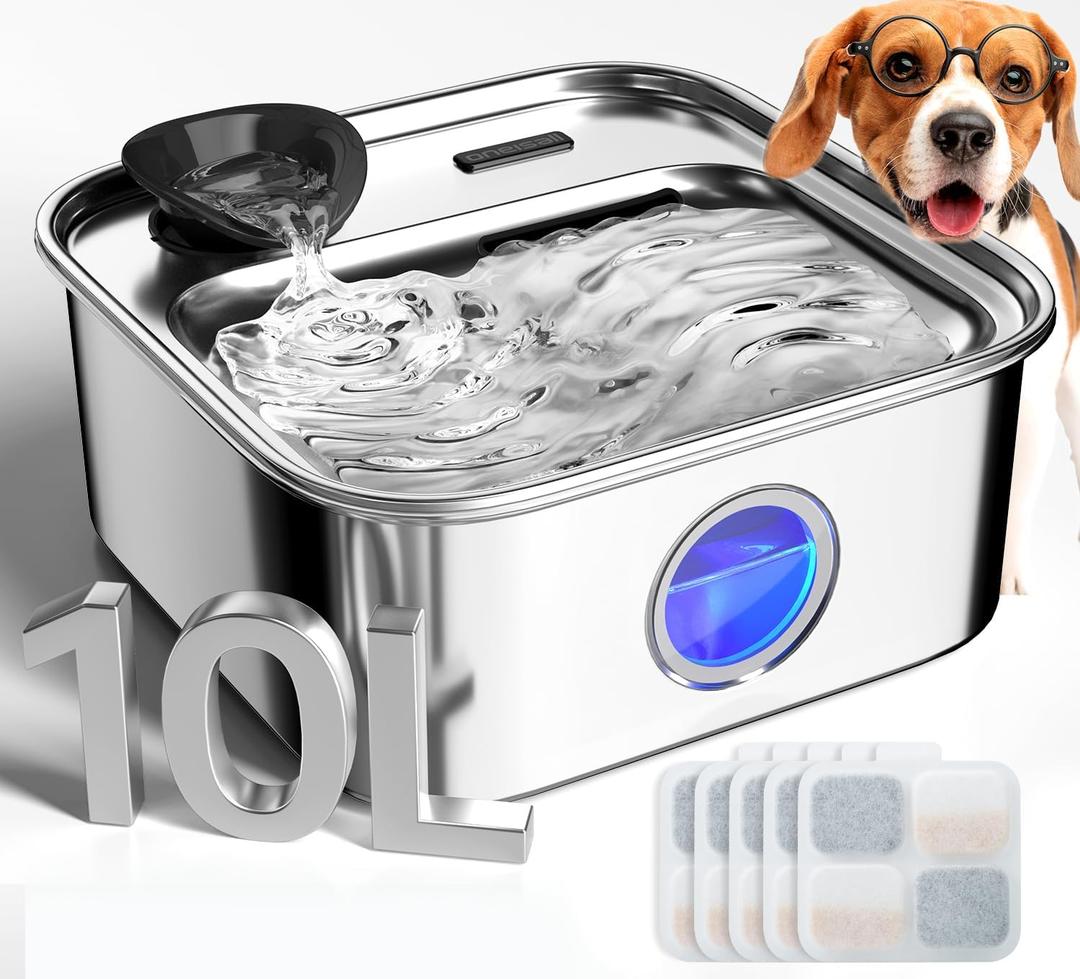 oneisall Dog Water Fountain, 2.6Gal/10L Stainless Steel Dog Water Bowl Dispenser with Deeper Drinking Aera & Washable Filter, Ultra-Quiet Pet Water Fountain for Small Medium Large Dogs(with 5 Fllters)