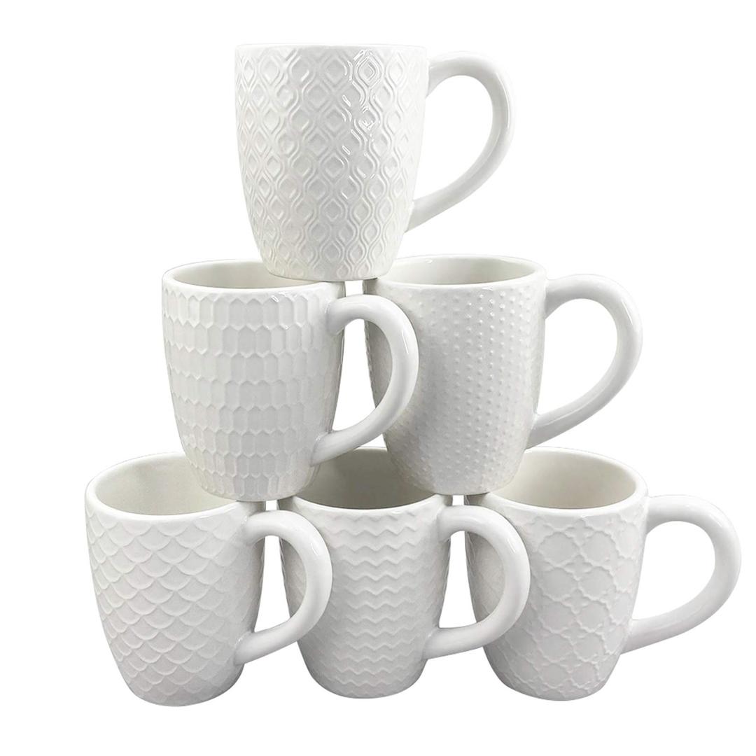 Schliersee 12 OZ Ceramic Coffee Mugs set of 6, Stylish Embossed Coffee Cups Set for Coffee, Tea, Milk, Cocoa, Cereal