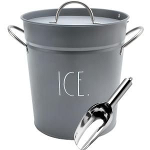 Rae Dunn Ice Bucket with Scoop - Stainless Steel Bucket with Handle, Lid and Ice Scooper - 4 Qt. Storage Bin for Ice Cubes for Bars, Parties, Backyard Barbeques, Picnics, and Camping (Grey) (Gray)