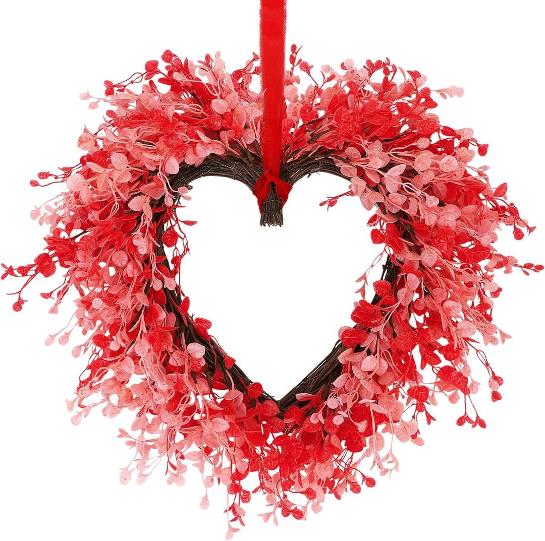 Aneco Valentines Day Heart Wreath 18 Inch Red and Pink Artificial Floral Valentines Wreath for Front Door with Ribbon Wall Window Hanging Decor for Wedding Anniversary Holiday