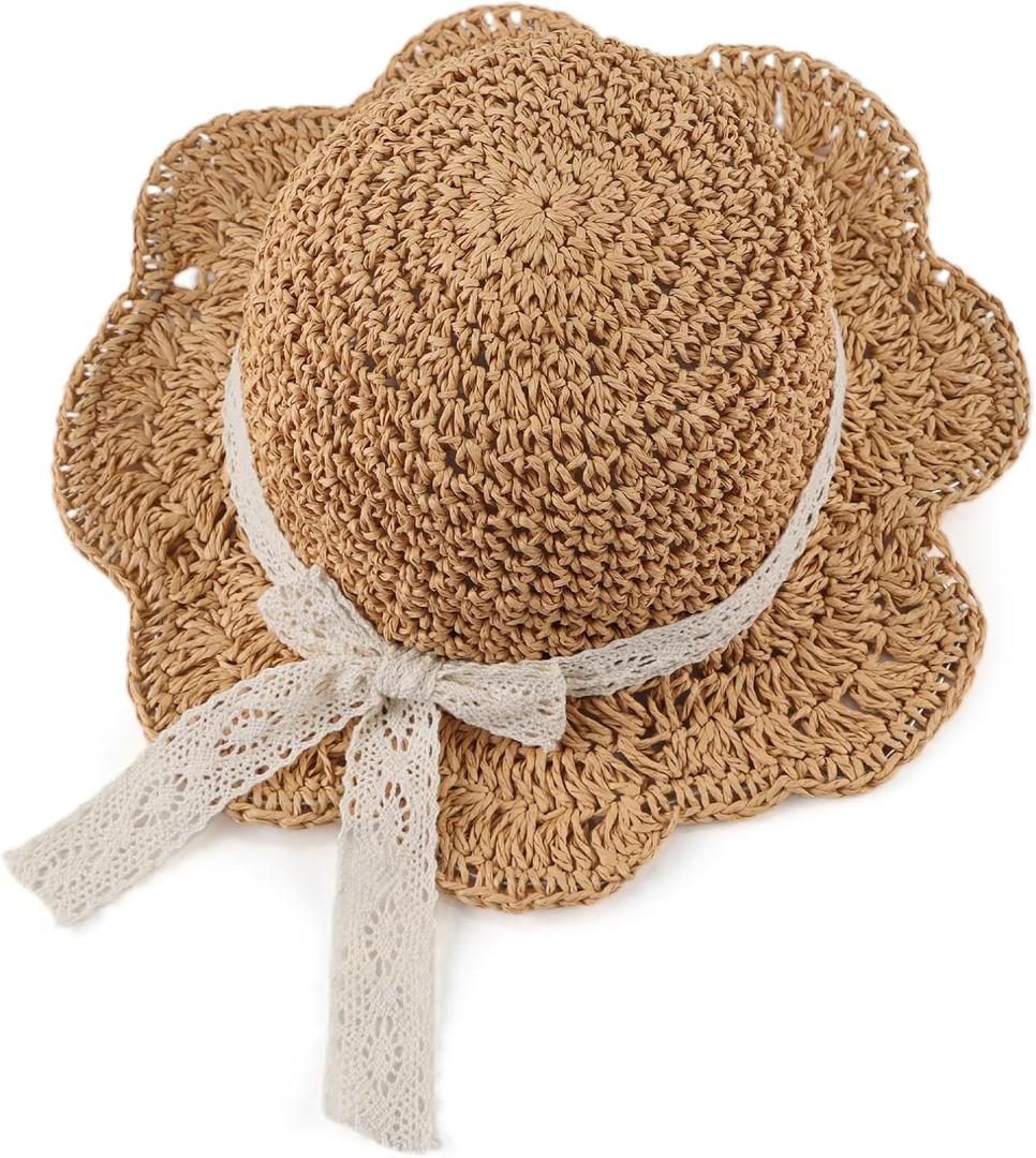 Baby Girl Straw Hat Outdoor Baby Sun Protection Hats Summer Bowknot Beach Cap for Infant Toddler Girls (6-24 Months, Lace Bow-khaki)