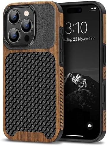 TENDLIN Compatible with iPhone 16 Pro Phone Case Wood Grain with Carbon Fiber Texture Design Leather Hybrid Slim Case (Black)