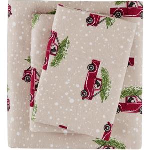 Woolrich Cotton Sheet Set Cottage Charms Print, 100% Cotton Flannel Sheets Warm & Fuzzy Bedding Set King Size Sheets, Fitted Pocket Fits Up to 14" Mattress, King Tan Cars, 4 Piece