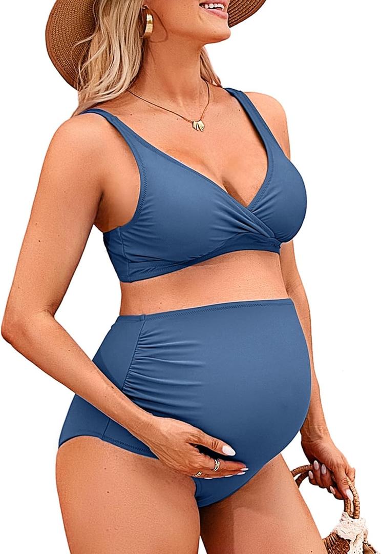 Charmo High Waisted Maternity Swimsuit Bikini Set V Neck Pregnancy Bathing Suits Push Up Two Piece Swimwear (Medium, #2b Blue)