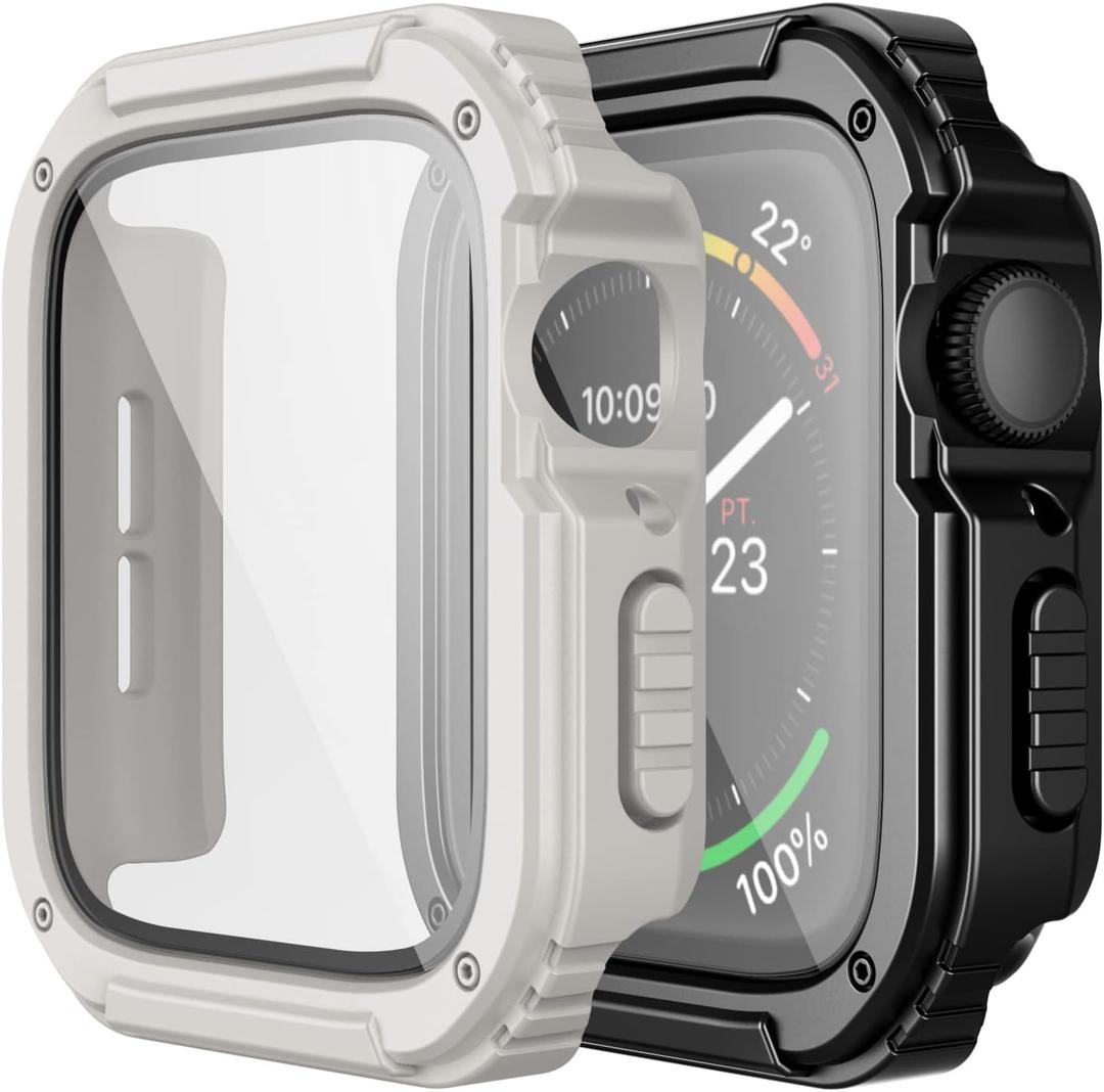 Adepoy 2 Pack Rugged Case Compatible for Apple Watch 44mm Series SE/6/5/4 with Tempered Glass Screen Protector, Military All Around Hard TPU Protective Cover Case Shockproof Bumper for iWatch Men 44mm (Black/Starlight)