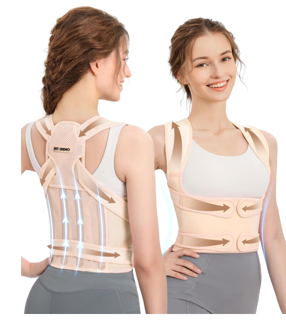 Fit Geno Back Brace Posture Corrector for Men & Women: Shoulder Straightener Adjustable Full Back Support Pain Relief - Scoliosis Hunchback Spine Corrector (Medium) (Beige)