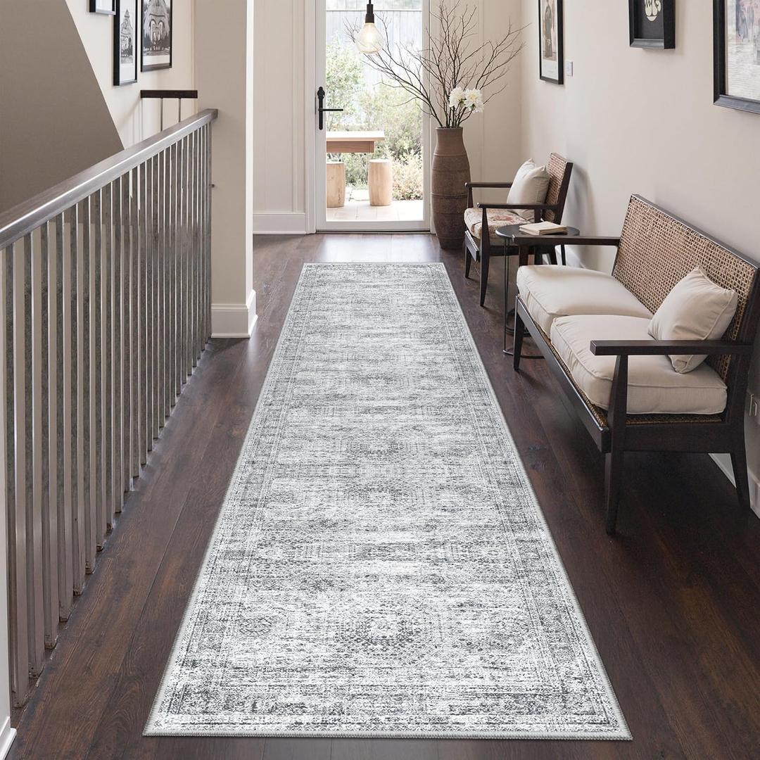 Restydon Rug Runners for Hallways Non Slip - 2x8 Runner Rug for Bedroom, Washable Runner with Rubber Backing, Soft Low-Pile Carpet for Kitchen, Laundry, Bathroom (2'x8', Grey/Ivory)