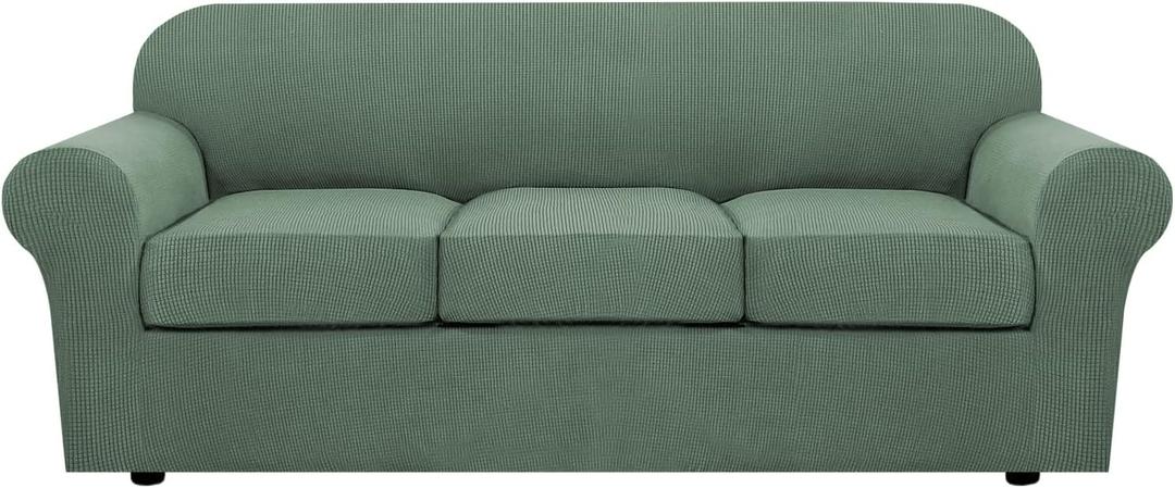 H.VERSAILTEX 4 Piece Stretch Sofa Covers for 3 Cushion Couch Covers for Living Room Furniture Slipcovers (Base Cover Plus 3 Seat Cushion Covers) Upgraded Thicker Jacquard Fabric (Sofa, Loden Frost) (Large)