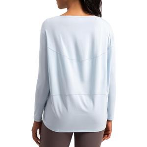 Cotton Shirts Long Sleeve Workout Tee for Women Loose Fit Athletic Yoga T-Shirts Casual Boat Neck Fall Tops (Blue, S)