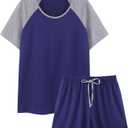 Hilinker Womens 2 Piece Pajama Set Short Sleeve Top with Shorts Sleepwear Summer Lounge Sets Grey Blue Medium (Blue, M)