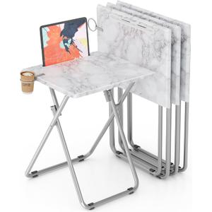 TV Tray Table,Folding Table with Cup Holder Portable,Foldable Snack Tray for Eating,Small Folding Tables Set of 4,Dinner Tables for Couch, Living Room,Small Space (White Marble,4Pcs)