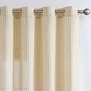 Jinchan Linen Curtains for Living Room and Bedroom - Beige Striped Ticking Pattern, Light Filtering Pinstripe Window Treatment, 2 Panels, 63 Inches Long
