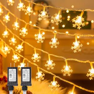 2 Packs Christmas Snowflake String Lights, 100 LED 43 FT Plug in Fairy Light 8 Modes with Timer, Christmas Lights Waterproof Connectable for Indoor Outdoor Wedding Party Xmas Decor (Warm White)