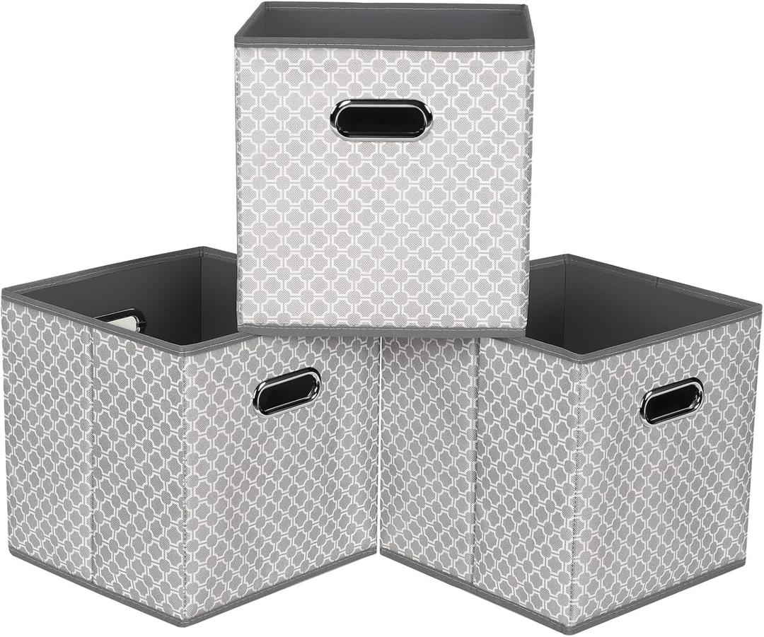 Fabric storage bins Cubes, Fabric Cube Organizer with Handle, Foldable Cube Bins for Cloth or Accessary Storage, 11x11x11, Set of 3, (Light Grey)