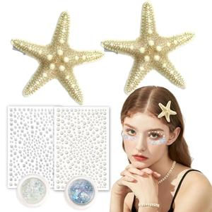 JELUTAR 6 Pcs Starfish Hair Clips Set, Mermaid Costume Accessories with Face Body Glitter and Pearl Stickers for Women, Perfect for Halloween and Cosplay (Mix Glitter Combo)