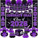 Graduation Decorations Class of 2026,Purple Graduation Decorations 2026- Congrats Grad Decorations Banner Hanging Swirls,Graduation Card Box,Paper Pompoms,Balloons,Porch Sign for College Grad Party