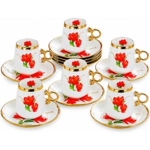 12 Piece Porcelain Tea Cups and Saucers Set - Red Floral Coffee Cups with Gold Trim, 100ml Espresso Turkish Coffee Set, Elegant Tea Party Gift (Red 100ml 6 cups 6 plates)