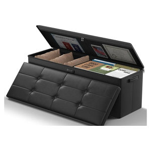JHSafer 43 Inch Folding Ottoman Bench, Fireproof Storage Chest with Lock, Leather Foot Rest Stool for Bedroom, Living Room, Hallway - Black